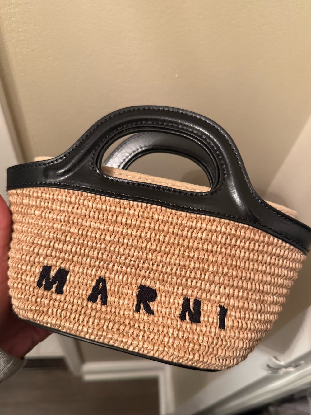 Marni Natural Straw Mini Bag with Black Leather Trim